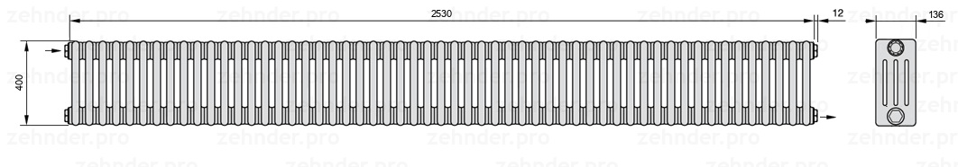 Схема (чертеж) Радиатор Zehnder Charleston 4040/55 №1670 Белый глянцевый RAL 9016